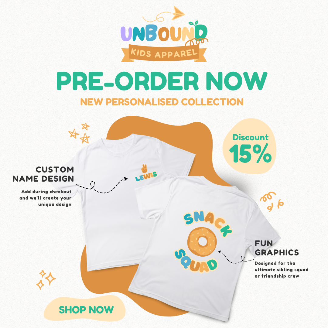 Personalised Kids T-Shirt - Custom Name Design Front + Back "Snack Squad" Design (Blue and Orange)