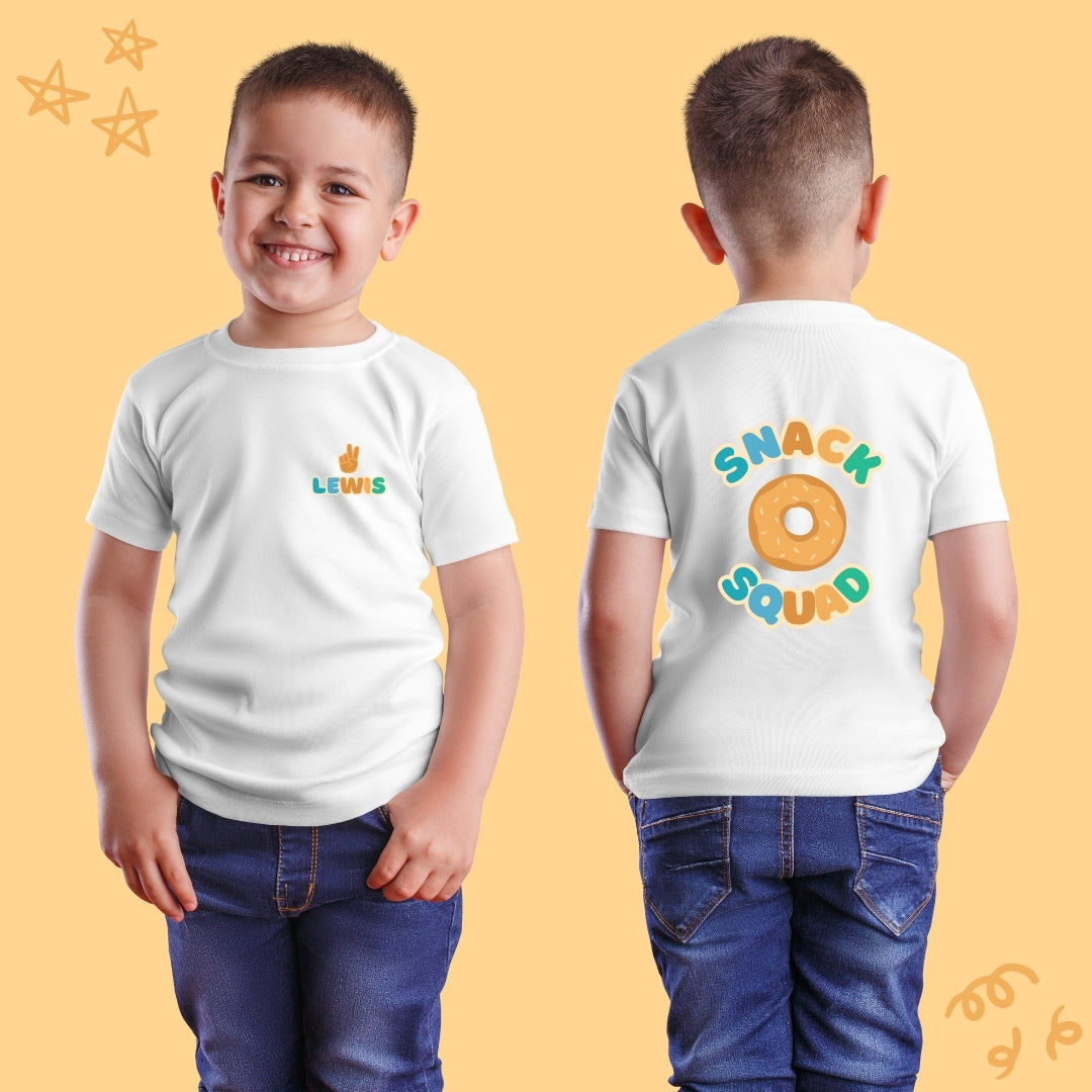 Personalised Kids T-Shirt - Custom Name Design Front + Back "Snack Squad" Design (Blue and Orange)