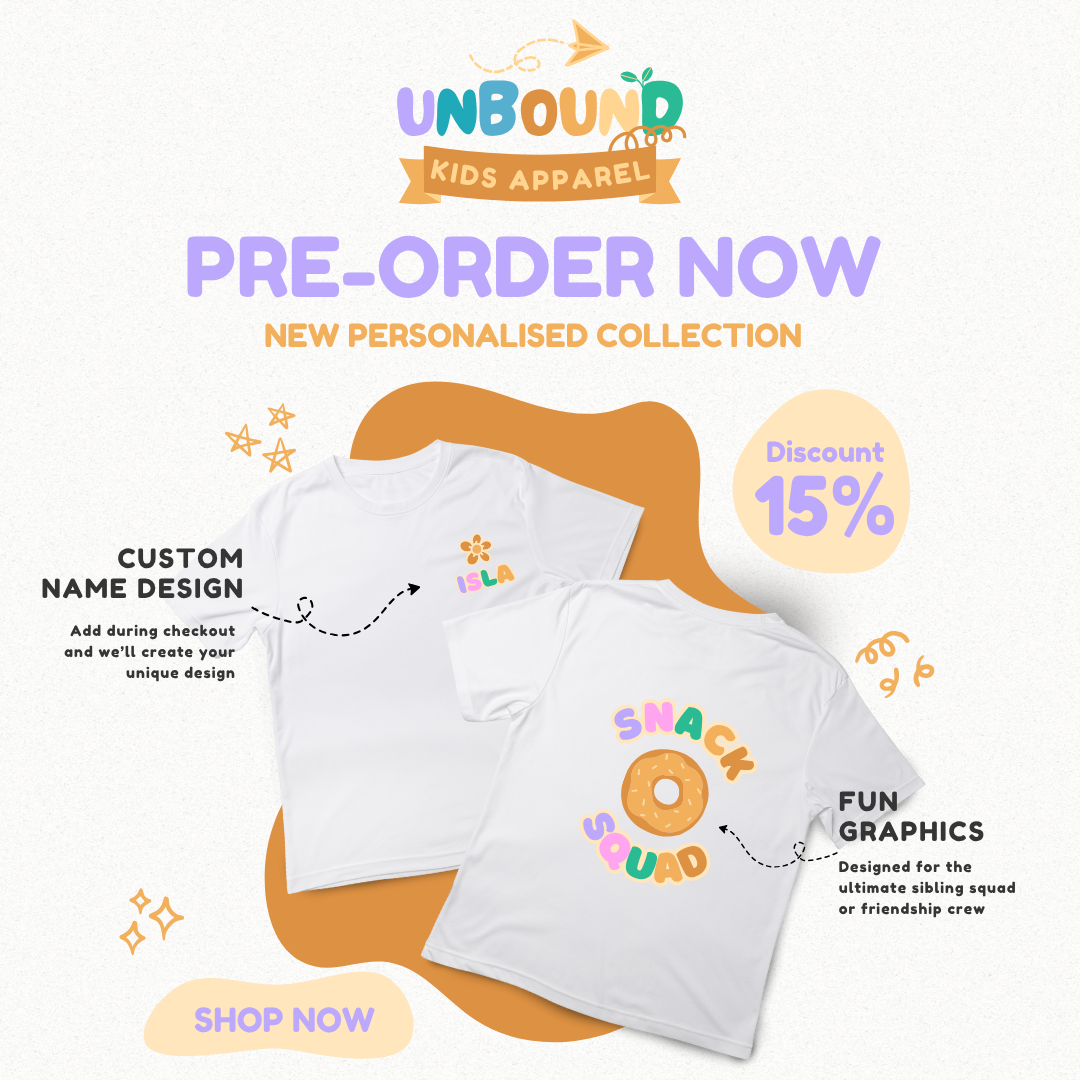 Personalised Kids T-Shirt - Custom Name Design Front + Back "Snack Squad" Design (Purple and Orange)