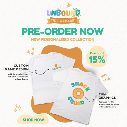 Personalised Kids T-Shirt - Custom Name Design Front + Back "Snack Squad" Design (Blue and Orange)