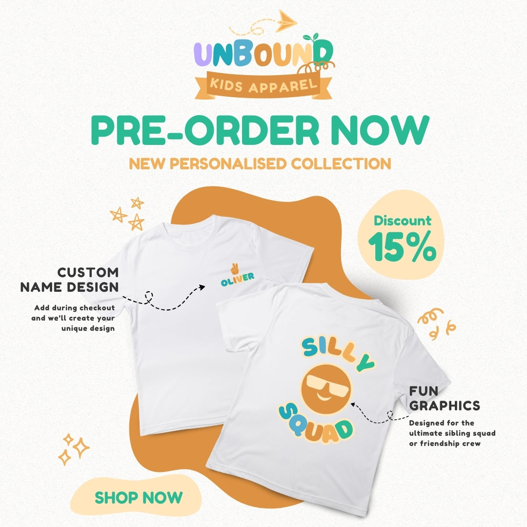 Personalised Kids T-Shirt - Custom Name Design Front + Back "Silly Squad" Design (Blue and Orange)