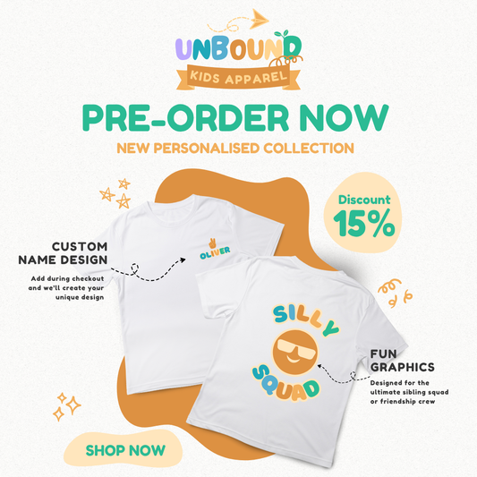 Personalised Kids T-Shirt - Custom Name Design Front + Back "Silly Squad" Design (Blue and Orange)