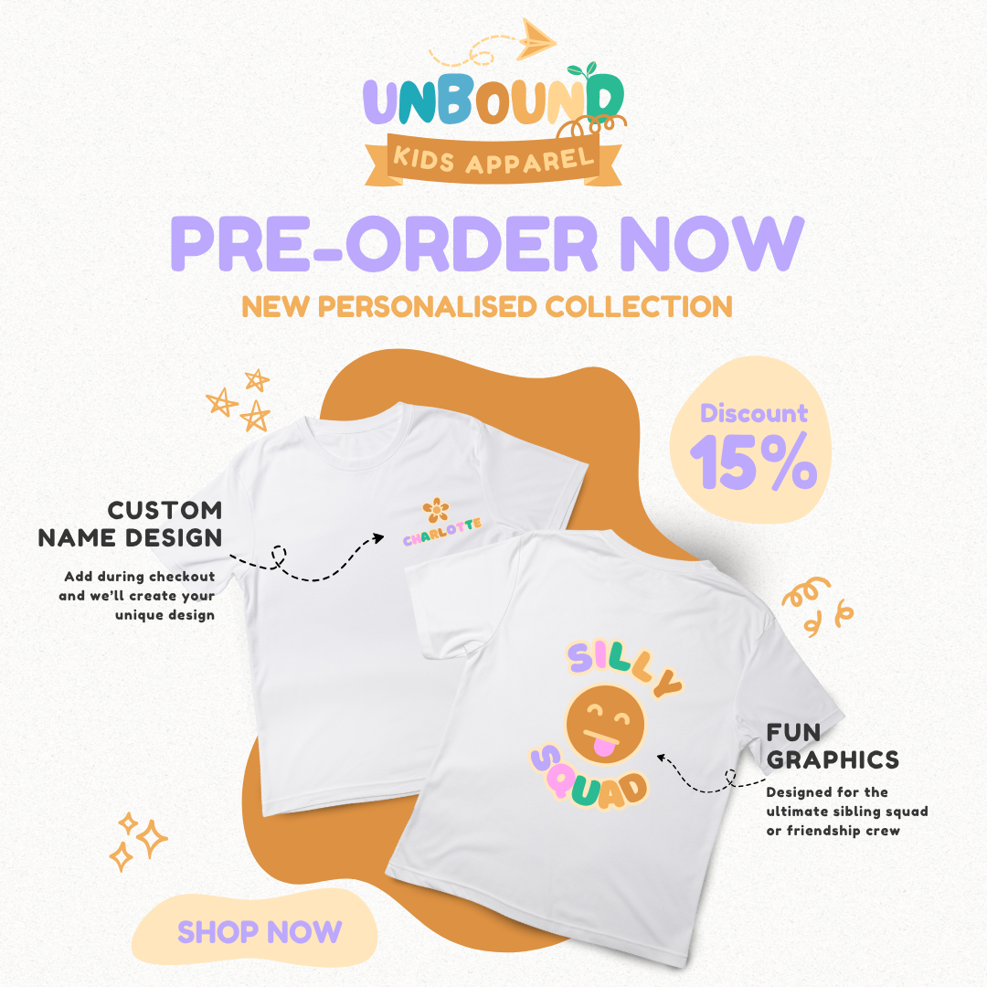 Personalised Kids T-Shirt - Custom Name Design Front + Back "Silly Squad" Design (Purple and Orange)