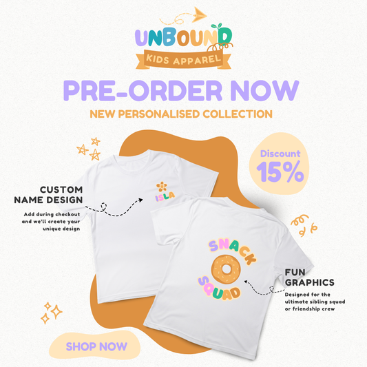 Personalised Kids T-Shirt - Custom Name Design Front + Back "Snack Squad" Design (Purple and Orange)