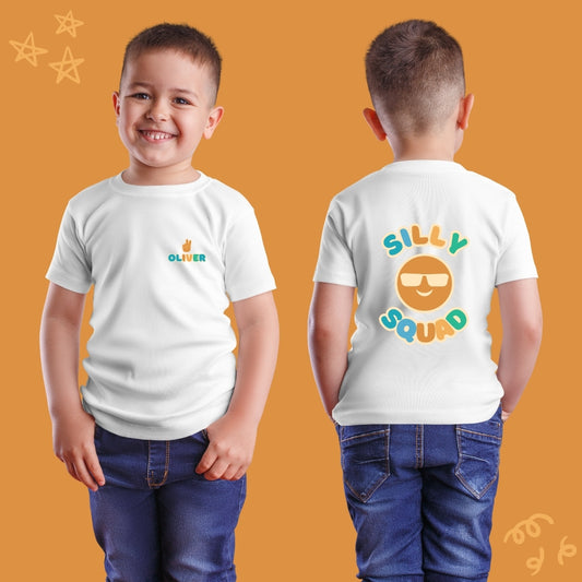 Personalised Kids T-Shirt - Custom Name Design Front + Back "Silly Squad" Design (Blue and Orange)