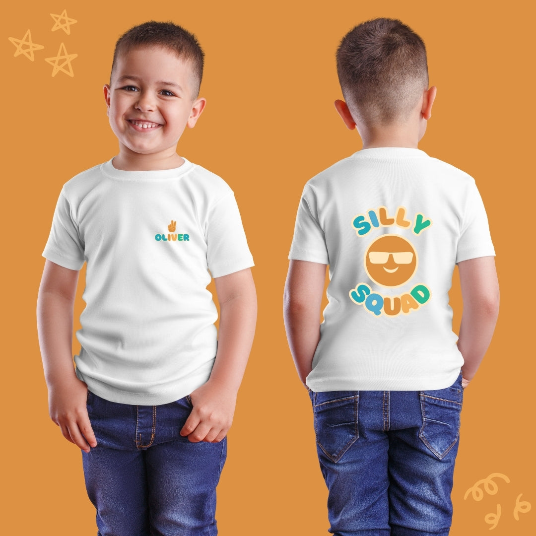 Personalised Kids T-Shirt - Custom Name Design Front + Back "Silly Squad" Design (Blue and Orange)