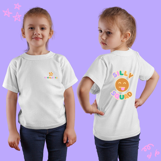 Personalised Kids T-Shirt - Custom Name Design Front + Back "Silly Squad" Design (Purple and Orange)