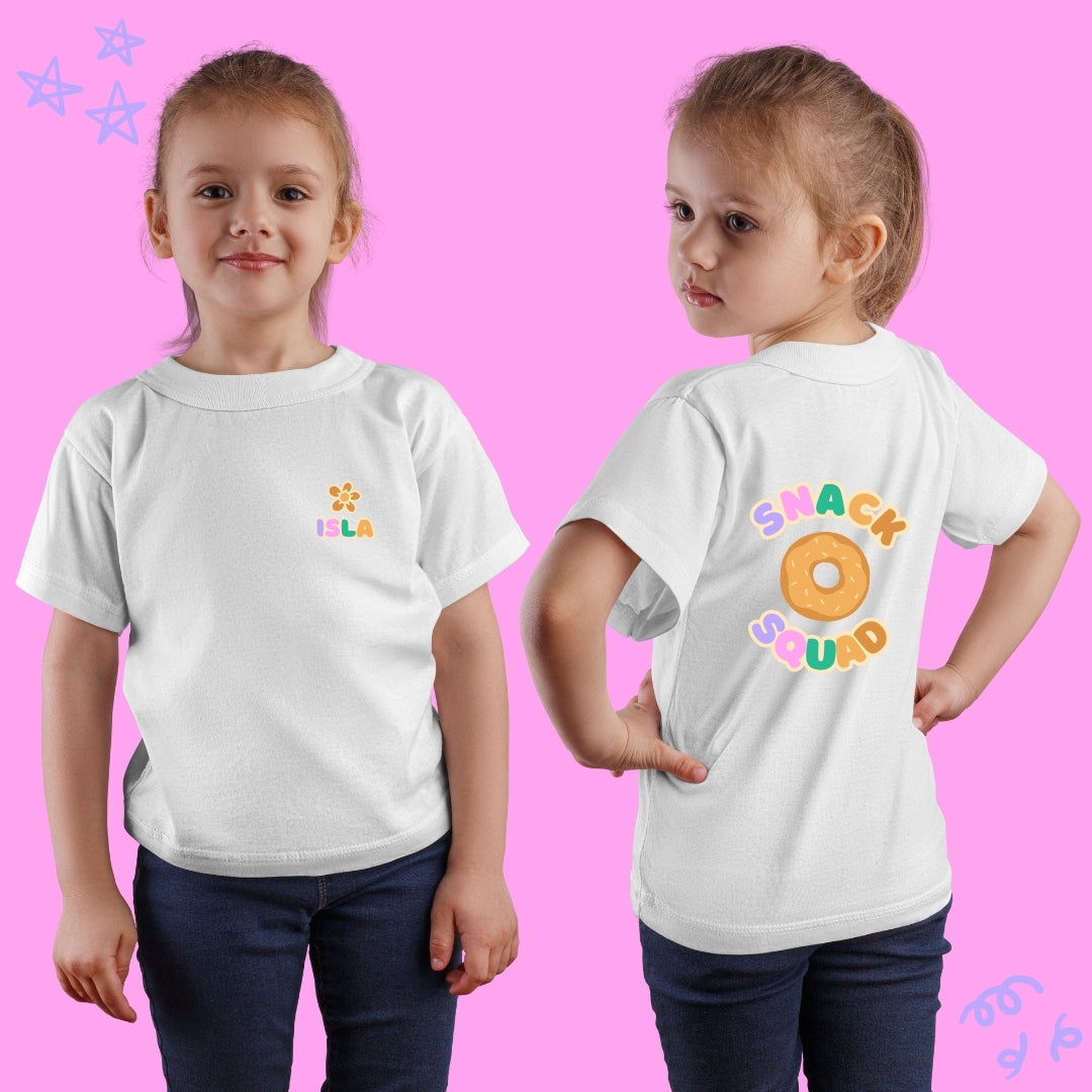 Personalised Kids T-Shirt - Custom Name Design Front + Back "Snack Squad" Design (Purple and Orange)